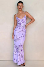 Elegant V-neck Floral Purple Cami Bodycon Maxi Dress image 1