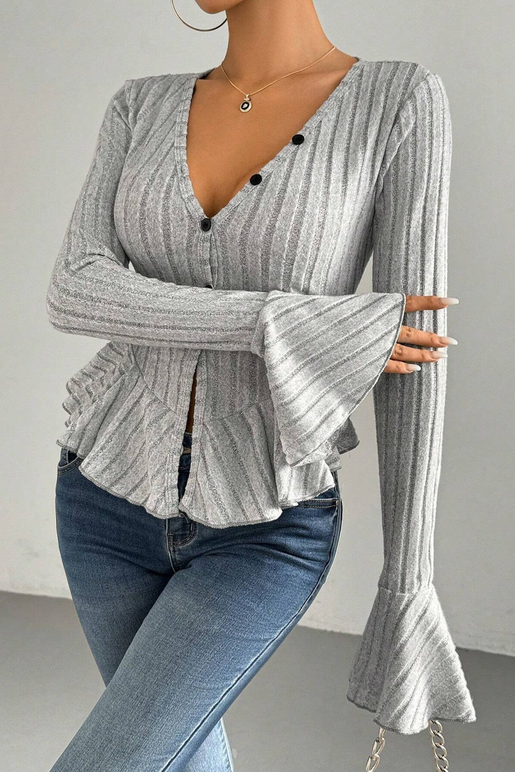 Flounced V-Neck Bodycon Knit Top image 2