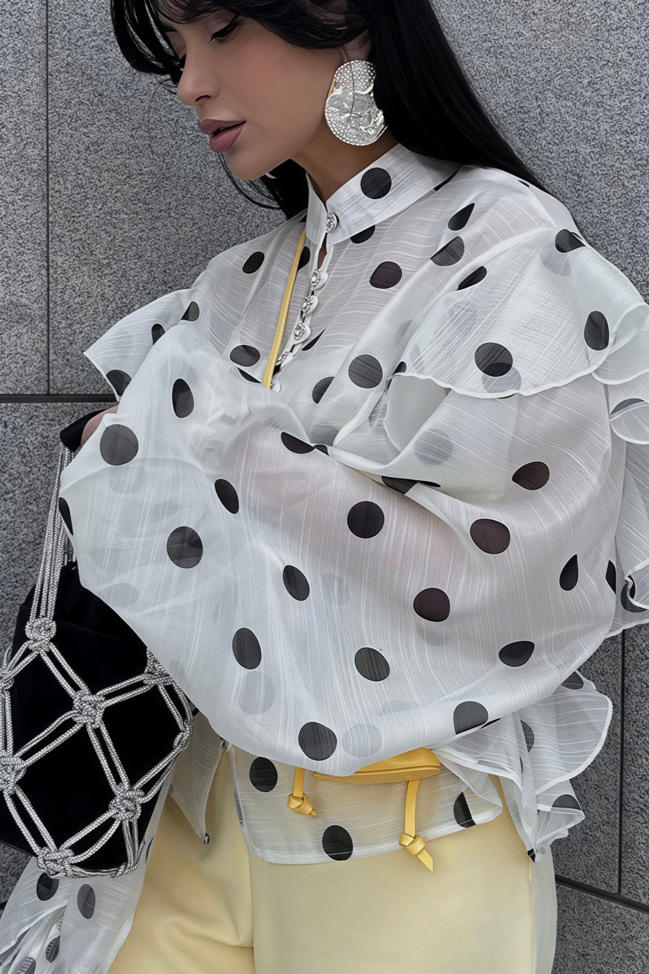 Dot Ruffled Tie Stand Collar Blouse image 2