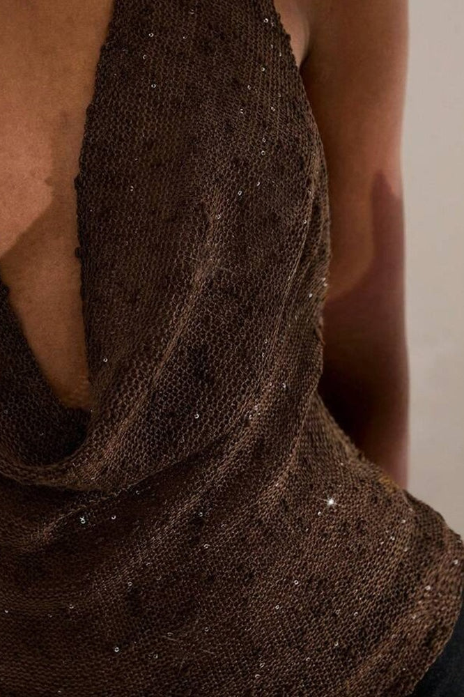 Glitter Solid Sheer Draped Halter Top image 3