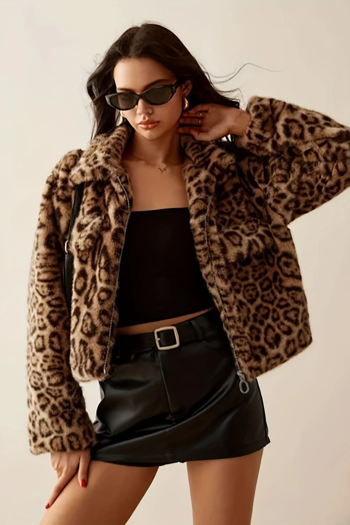 Fleece Leopard Print Notch Collar Short Coat image 1