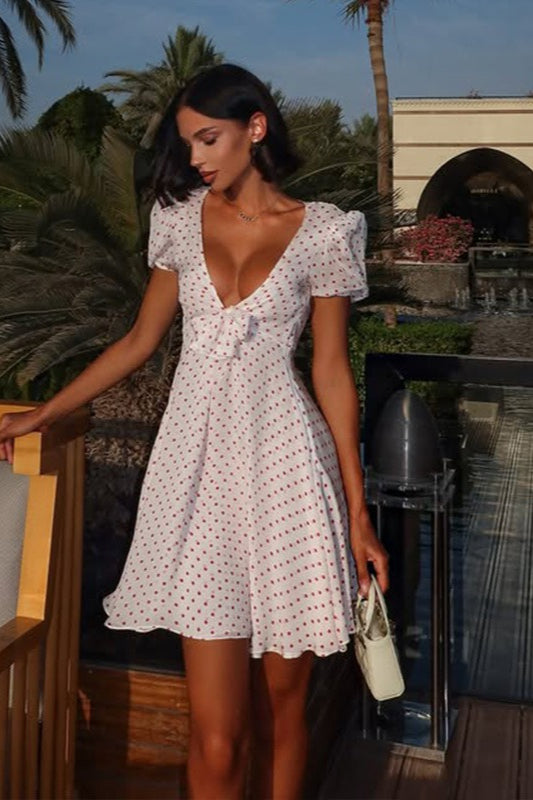 Sexy Deep V Puff Sleeve High Waist Polka Dot Mini Dress image 1