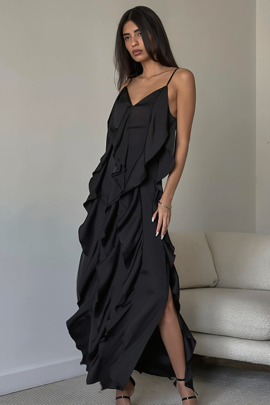 Chic Ruffle Trim V Neck Cami Slip Maxi Dress image 4