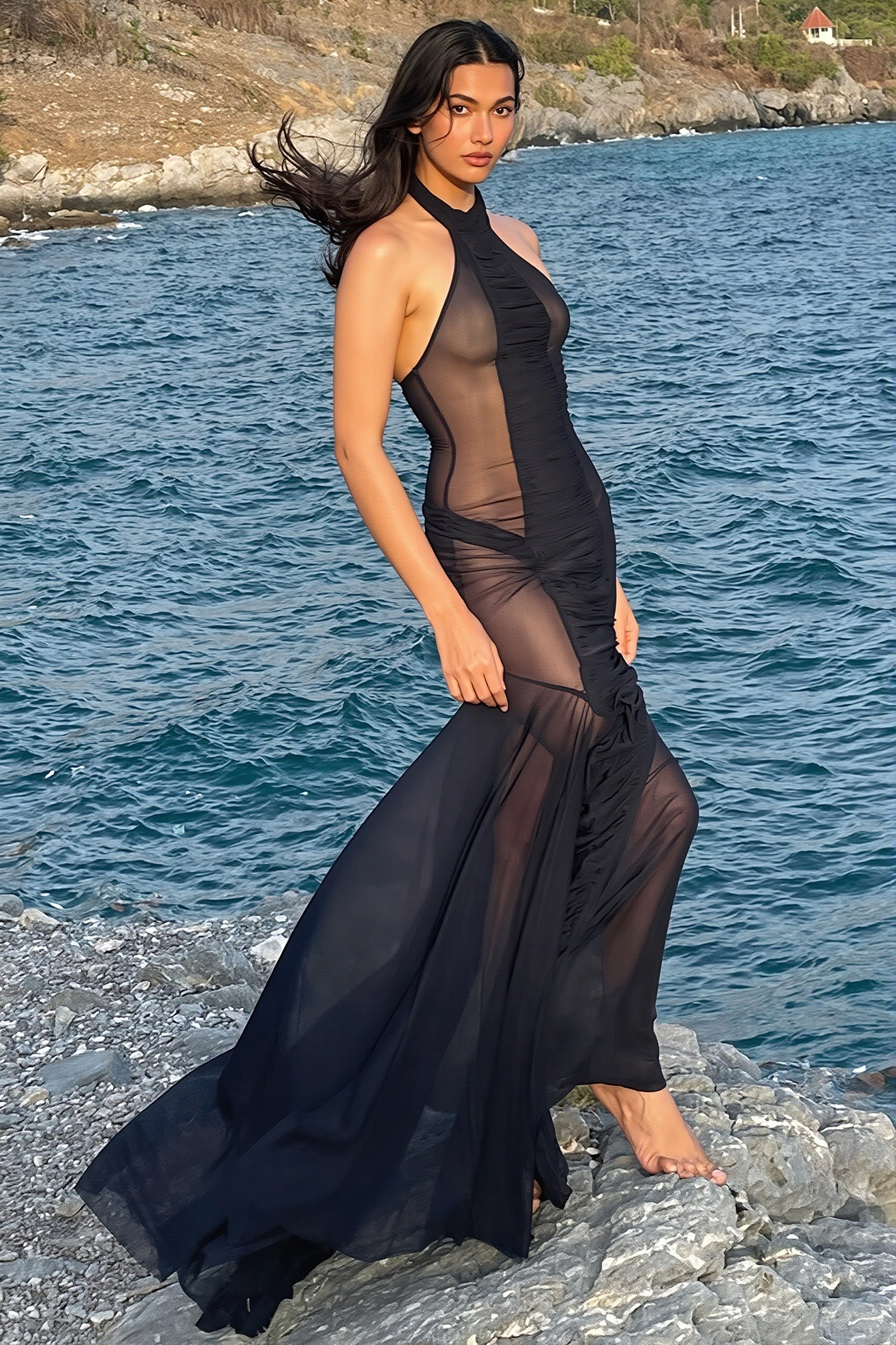 Halter Cutout Back Mesh Sheer Slim Maxi Dress image 3