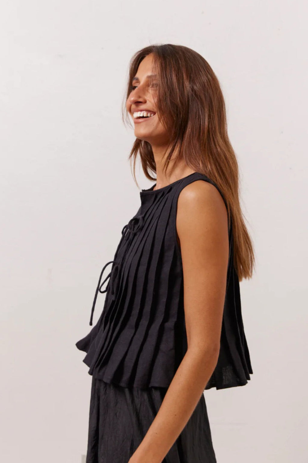 Solid Ruffled Tie Linen Cotton Shirt Tank Top image 13