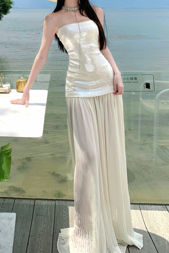 Sequin Patchwork Strapless Flowy Maxi Dress image 1
