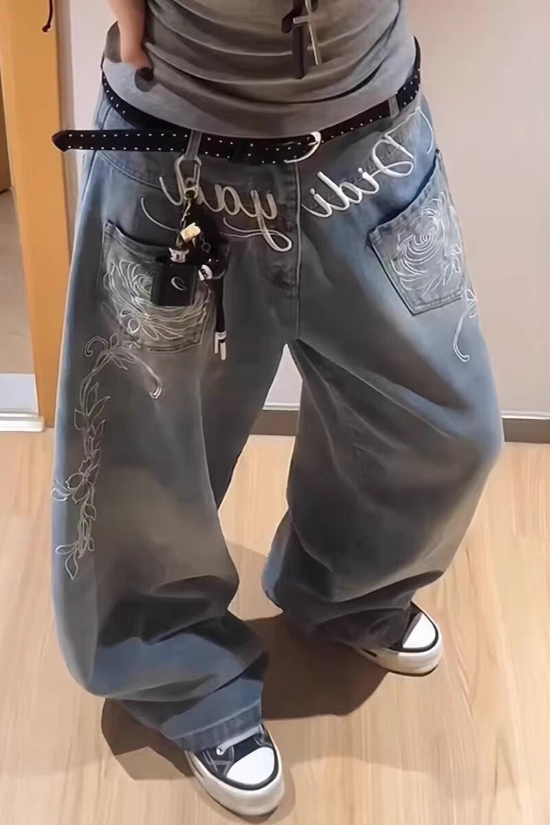 Y2K Floral Letter Embroidery Wide Leg Jeans image 3