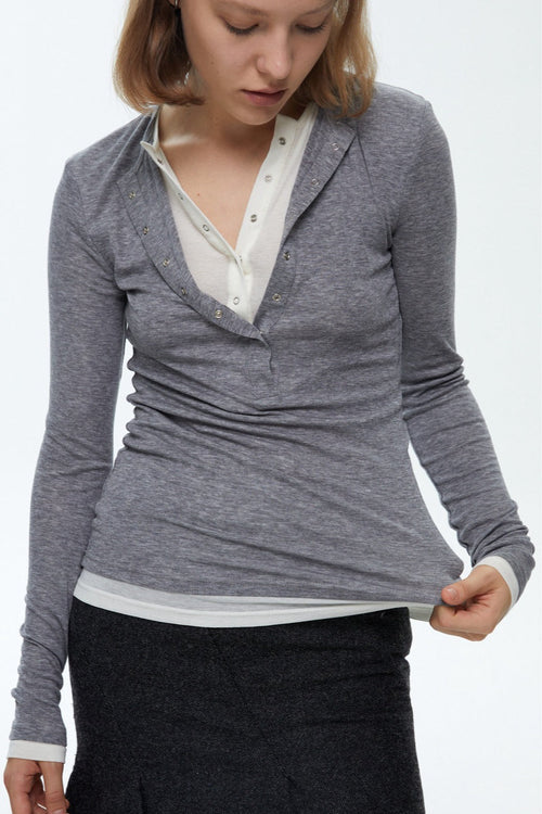 Button Detail Layered Long Sleeve Knit Top image 1