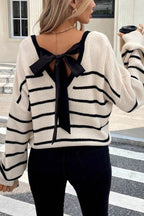 Chic Striped V Neck Back Bow Long Sleeve Knit Sweater image 4