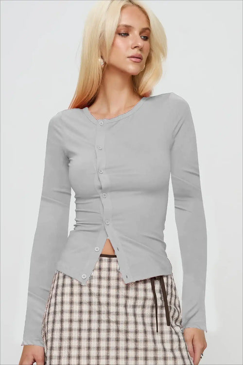 Buttoned Fitted Crew Neck Knit Sweater image 1