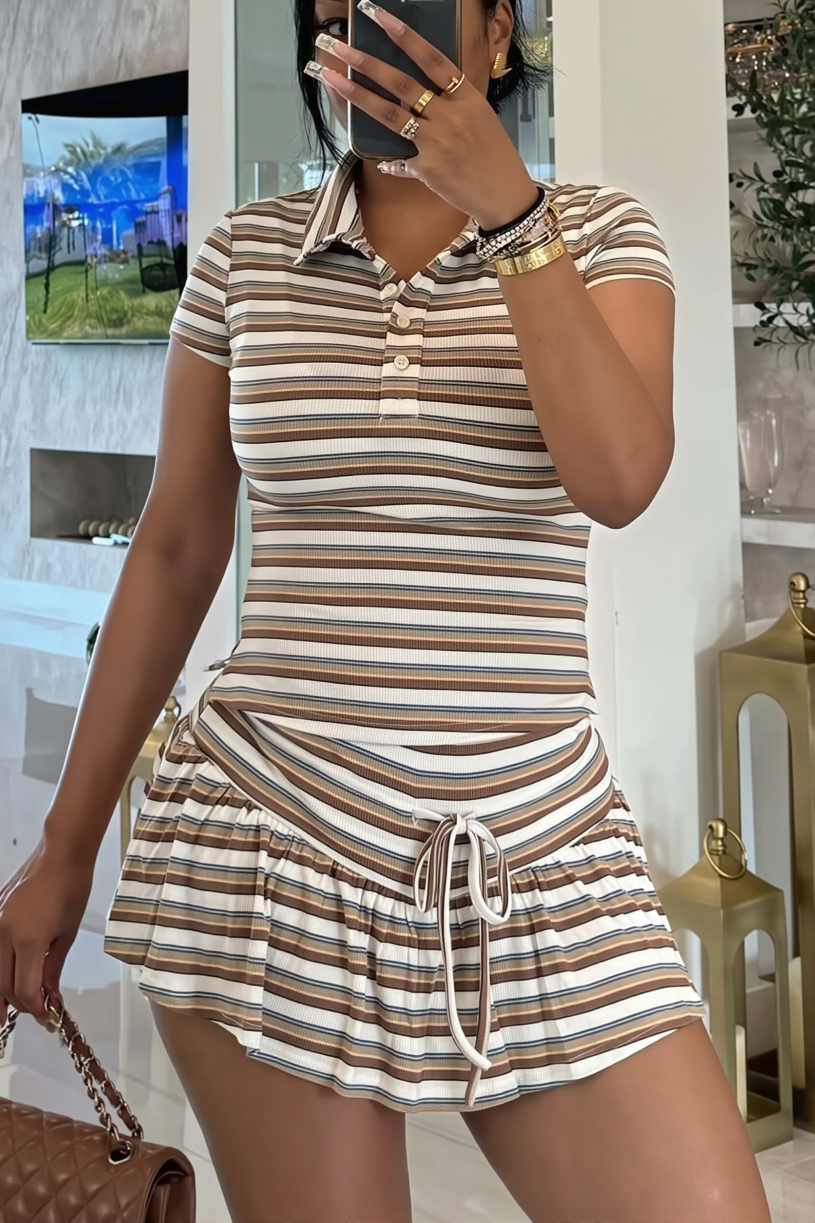 Stripe Polo Tie Waist Skirt Set image 3