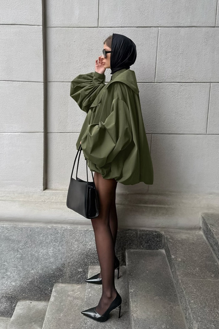 Retro Green Unique Oversized Slim Fake Two Piece Trench Jacket image 3