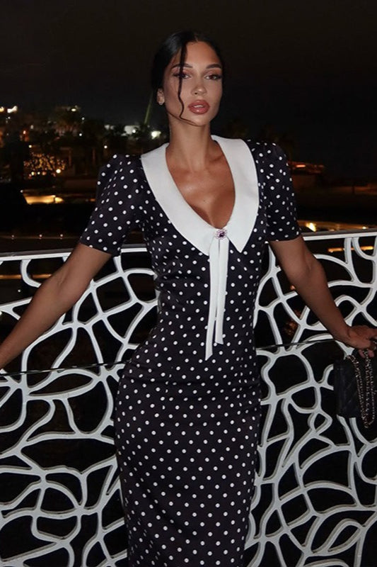 Polka Dot V-Neck Puff Sleeve Bodycon Maxi Dress image 1