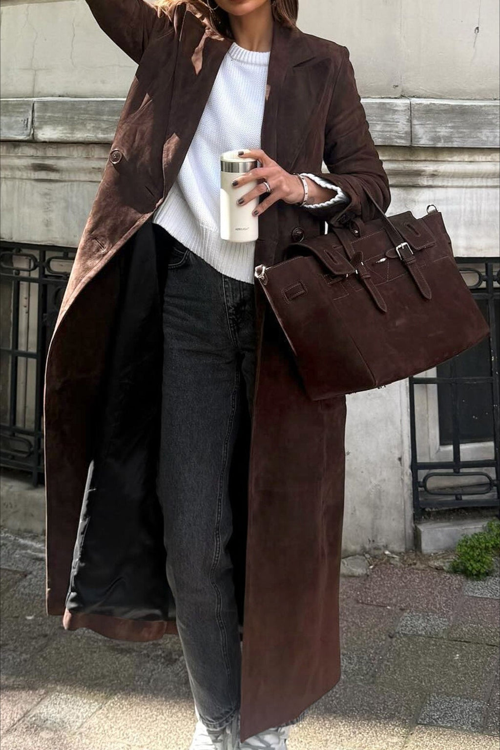 Retro Brown Belted Waist-Tie Long Overcoat image 2