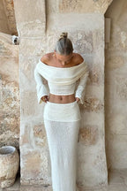 Sexy Off-Shoulder Cropped Top High-Waisted Solid Skirt Two Piece Set image 3