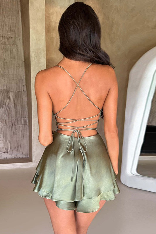 Vintage Cowl Neck Backless Tie Strap Mini Dress image 2