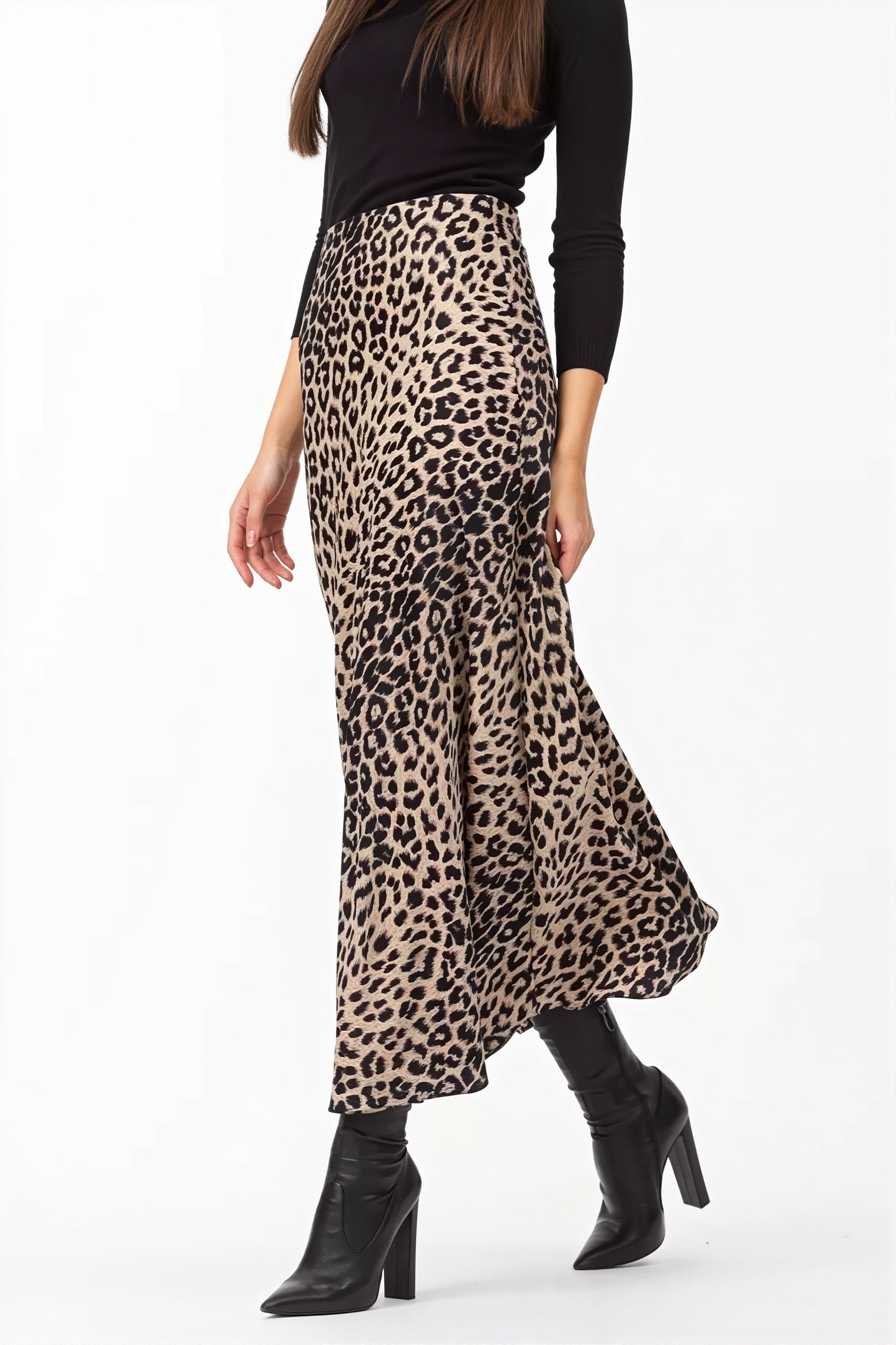 Satin Leopard Printed Elastic Waist Maxi Skirt image 7