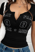 Sexy Letter Print V Neck Slim T-shirt image 13