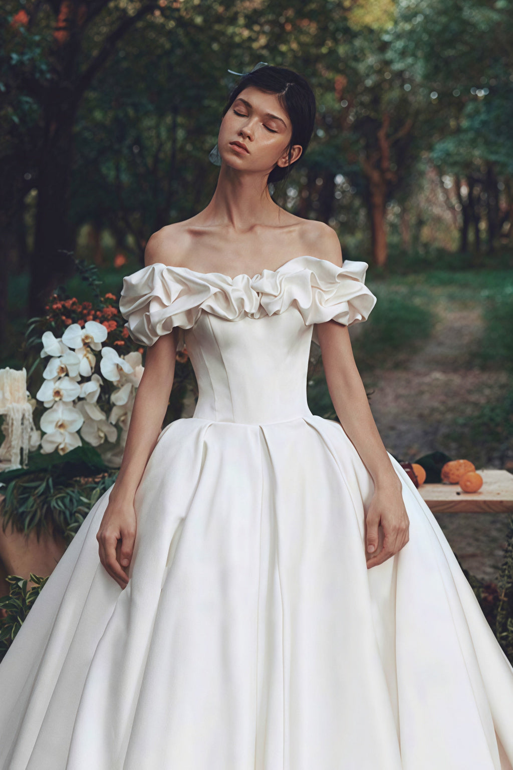 Simple Satin Off Shoulder Train Wedding Dress image 1
