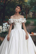 Simple Satin Off Shoulder Train Wedding Dress image 1
