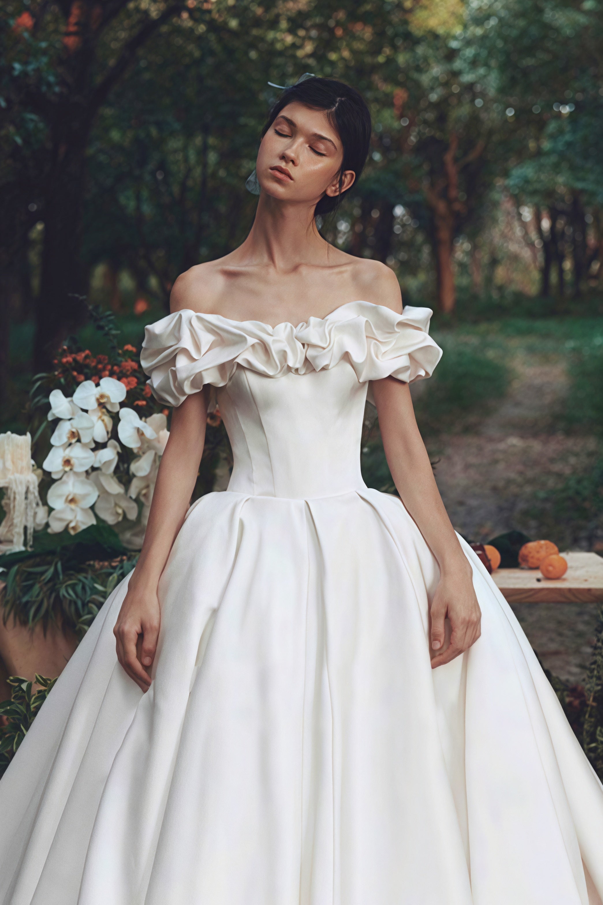 Simple Satin Off Shoulder Train Wedding Dress image 1
