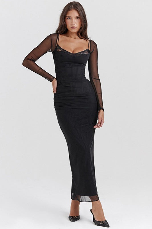 Mesh Lace Patchwork Boned Fitted High Slit Elegant Maxi Dress image 9