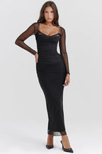 Mesh Lace Patchwork Boned Fitted High Slit Elegant Maxi Dress image 9