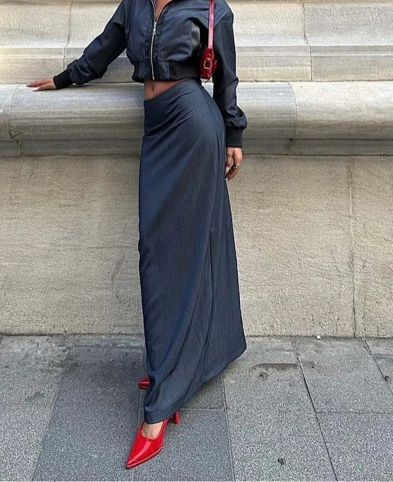 Blue Zipper Crop Low Waist Office Two Piece Set image 2