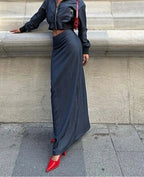Blue Zipper Crop Low Waist Office Two Piece Set image 2