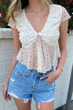 Solid V Neck Floral Mesh Blouse image 1