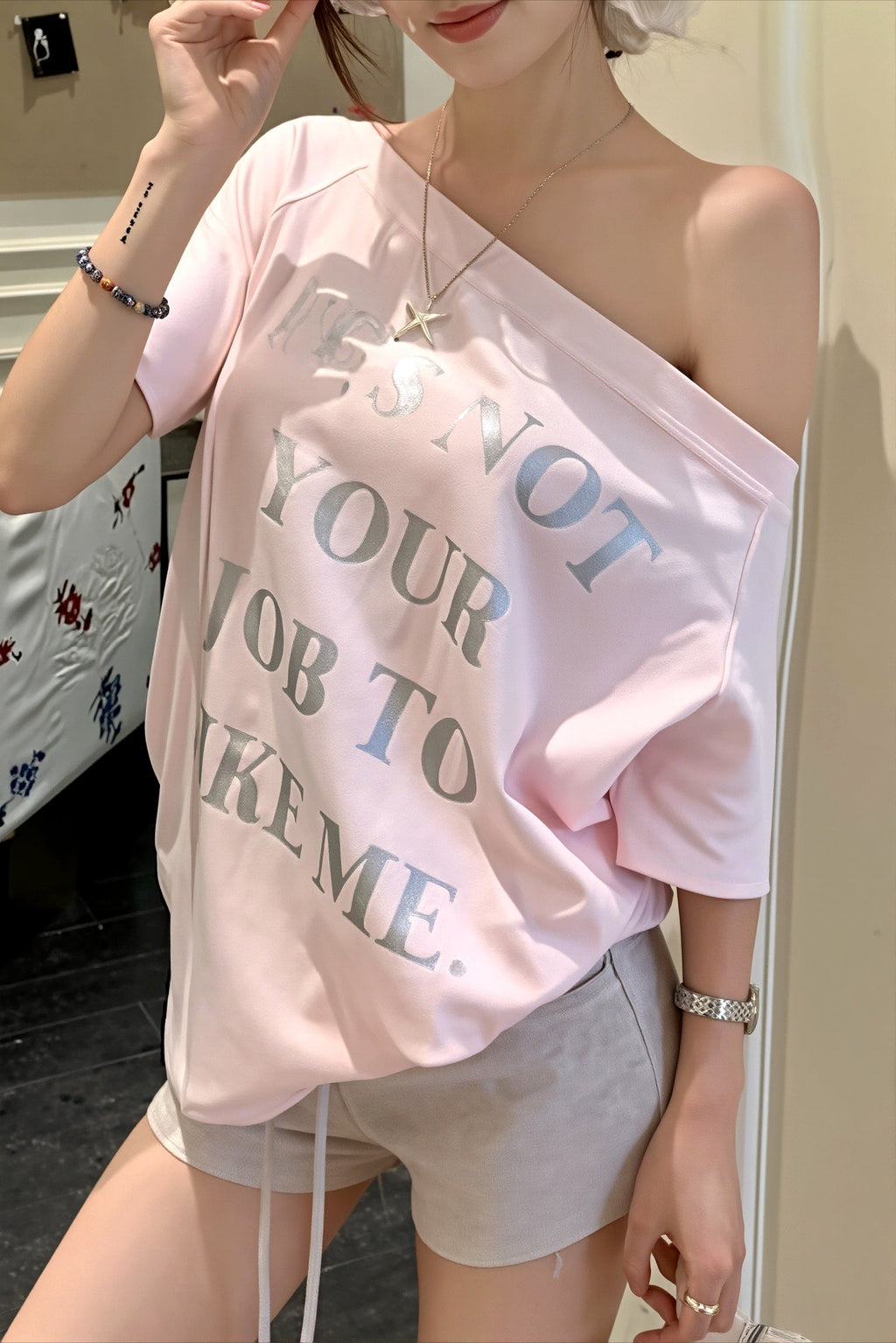 Letter Print Pink Off‑Shoulder T‑shirt image 3