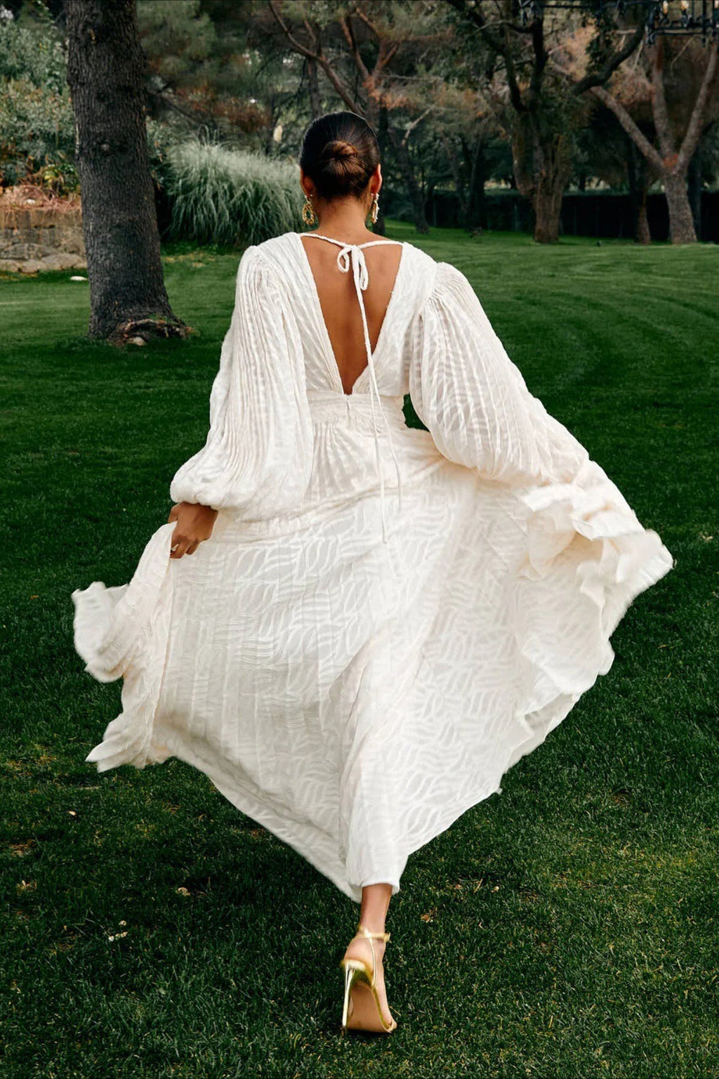 Full Flare Jacquard Ruched Puff Sleeve Backless Tie Maxi Dress image 3