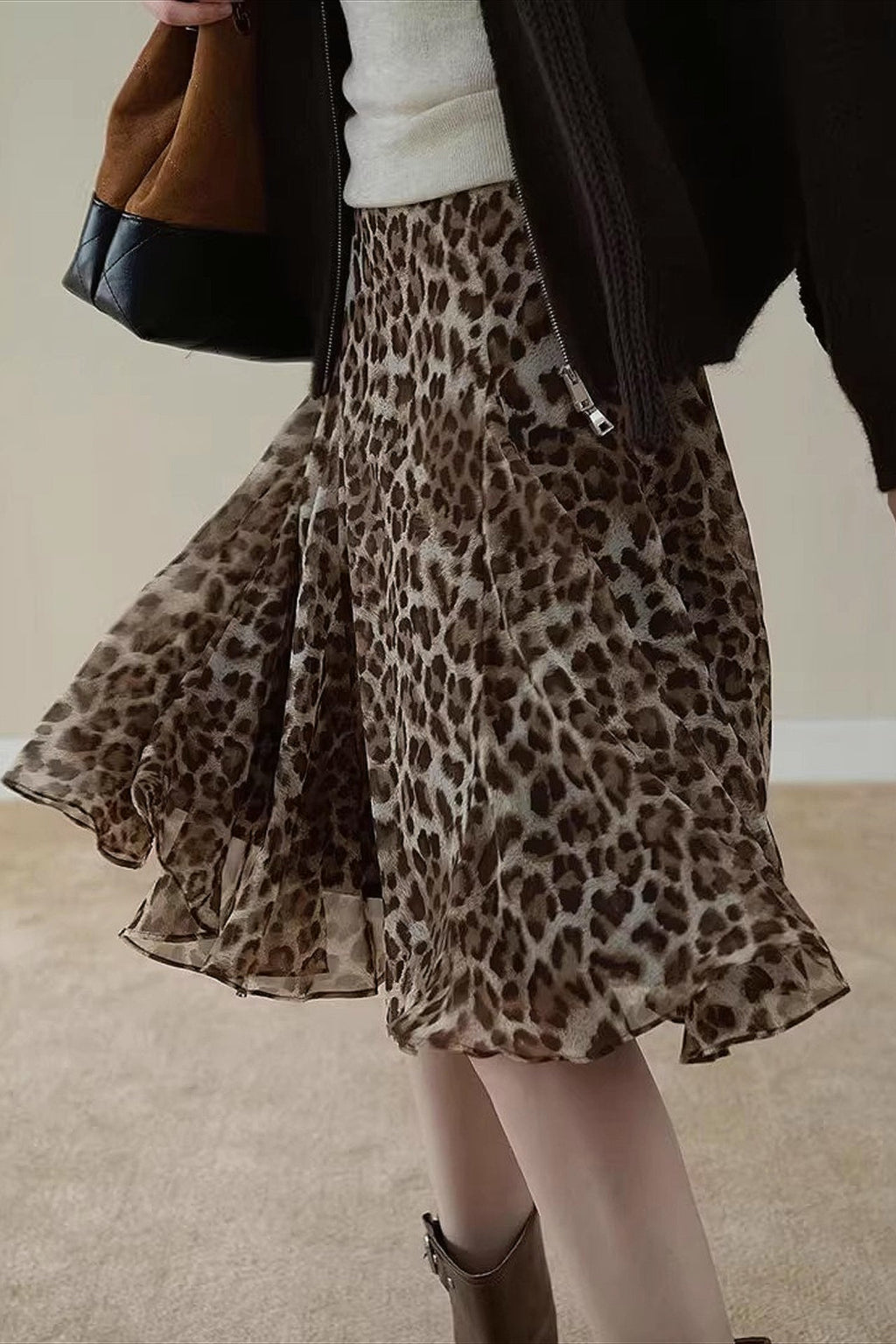 Leopard Draped Ruffled A Line Midi Skirt image 4