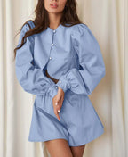 Blue Cotton O-Neck Crop Shorts Office Two Piece Set image 2