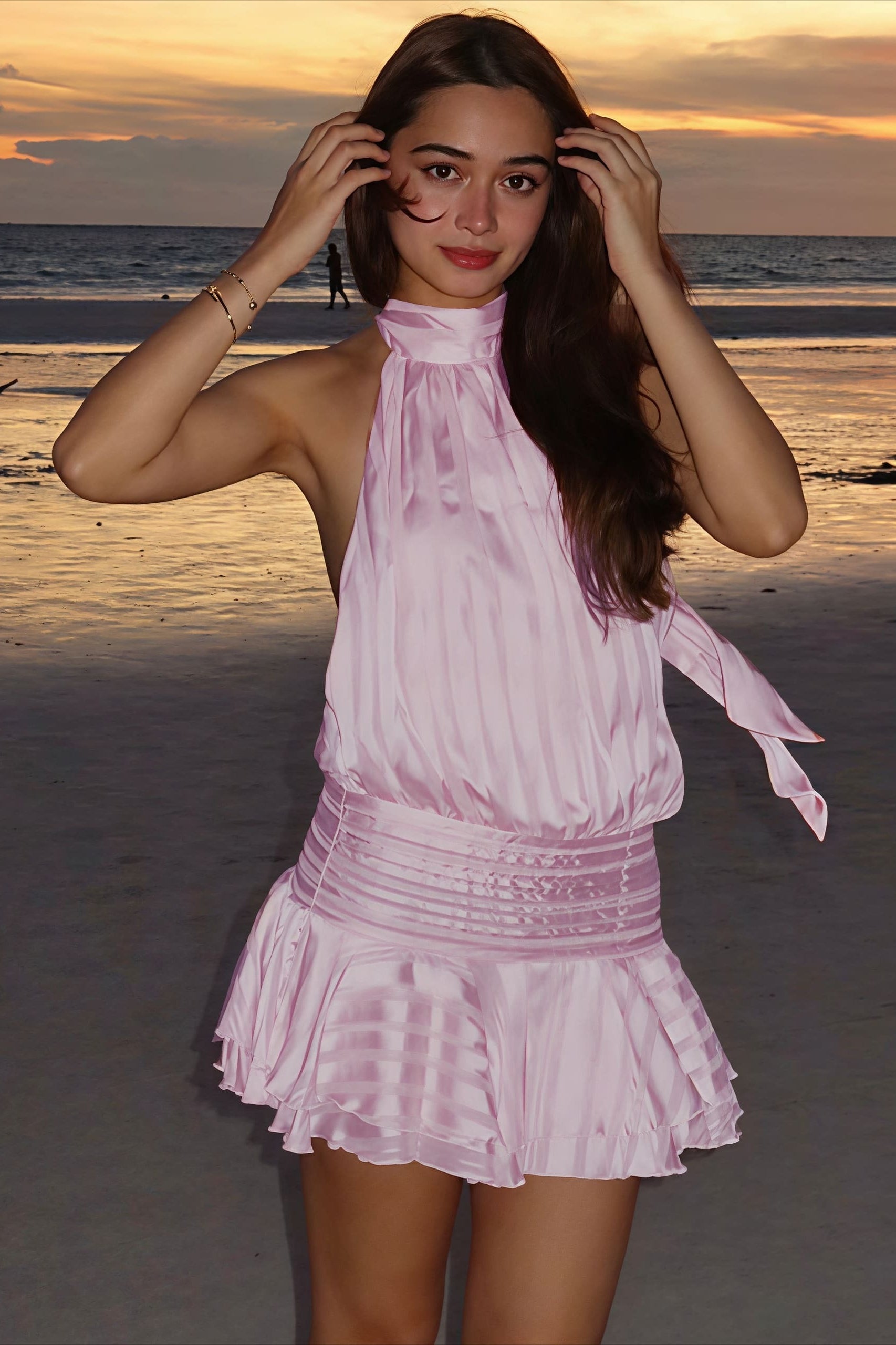Elegant Halter Satin Jacquard Stripe Mini Dress image 8