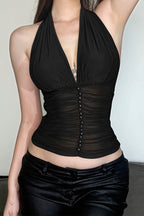 Solid Mesh Button Cropped Halter Top image 6