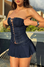 Solid Knit Tie Bandeau Low Waist Pleated Skirt Set image 1