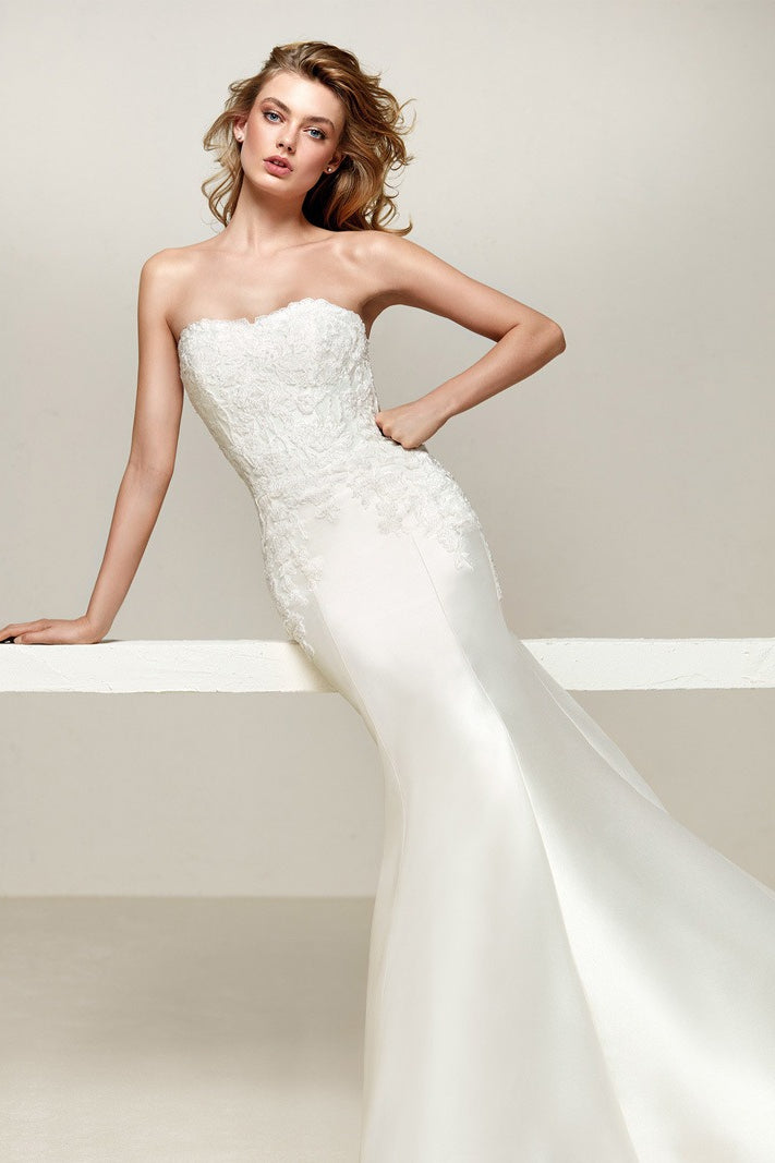 Simple Off Shoulder Satin Mermaid Detachable Train Wedding Dress image 4