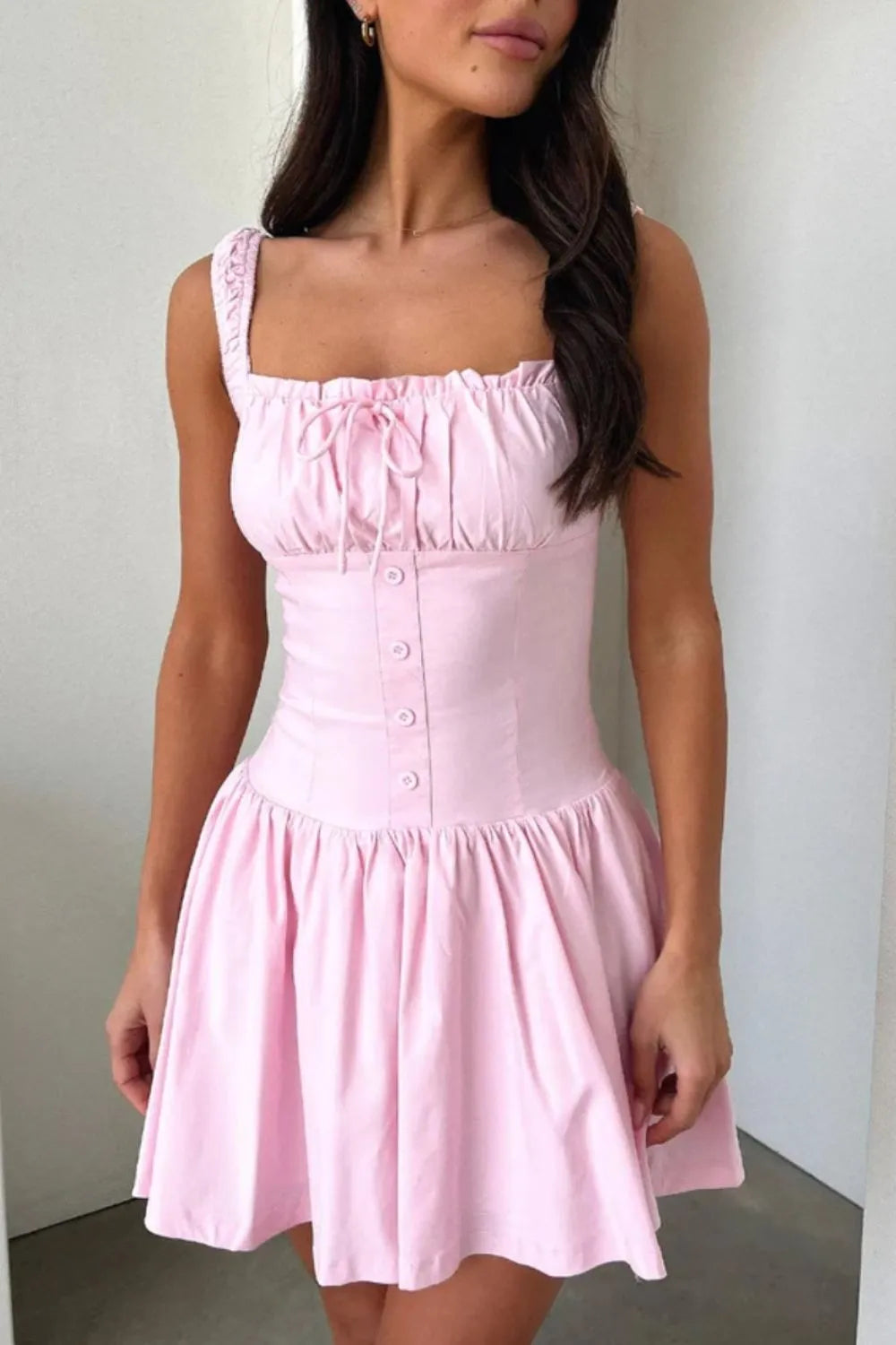 Allegra Button Cami Dress detail view styled for Avrienne