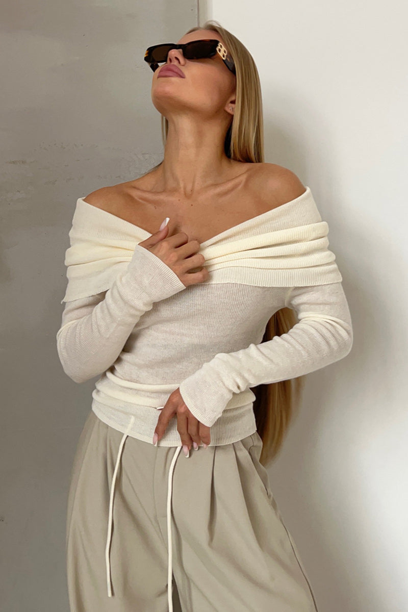 Off-Shoulder Fitted Crew Neck Knit Sweater image 1