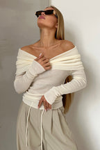 Off-Shoulder Fitted Crew Neck Knit Sweater image 1