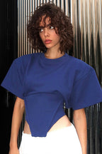 Chic Solid Wide Shoulder Tie Waist Elbow Sleeve T-shirt image 1