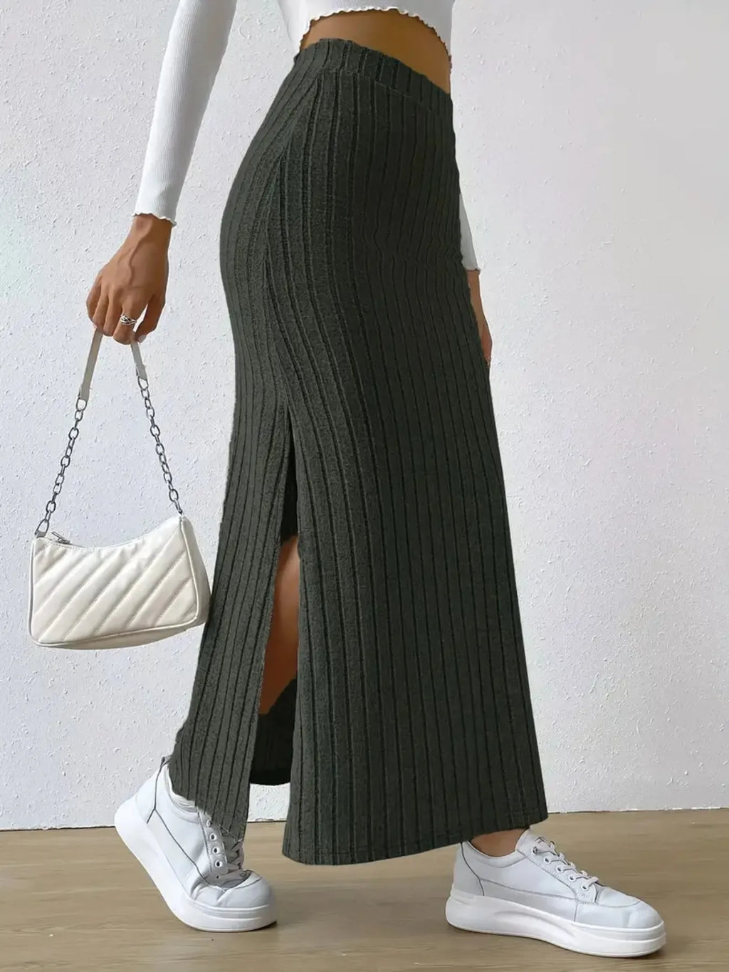 Noemi Ribbed Knit Skirt detail view styled for Avrienne