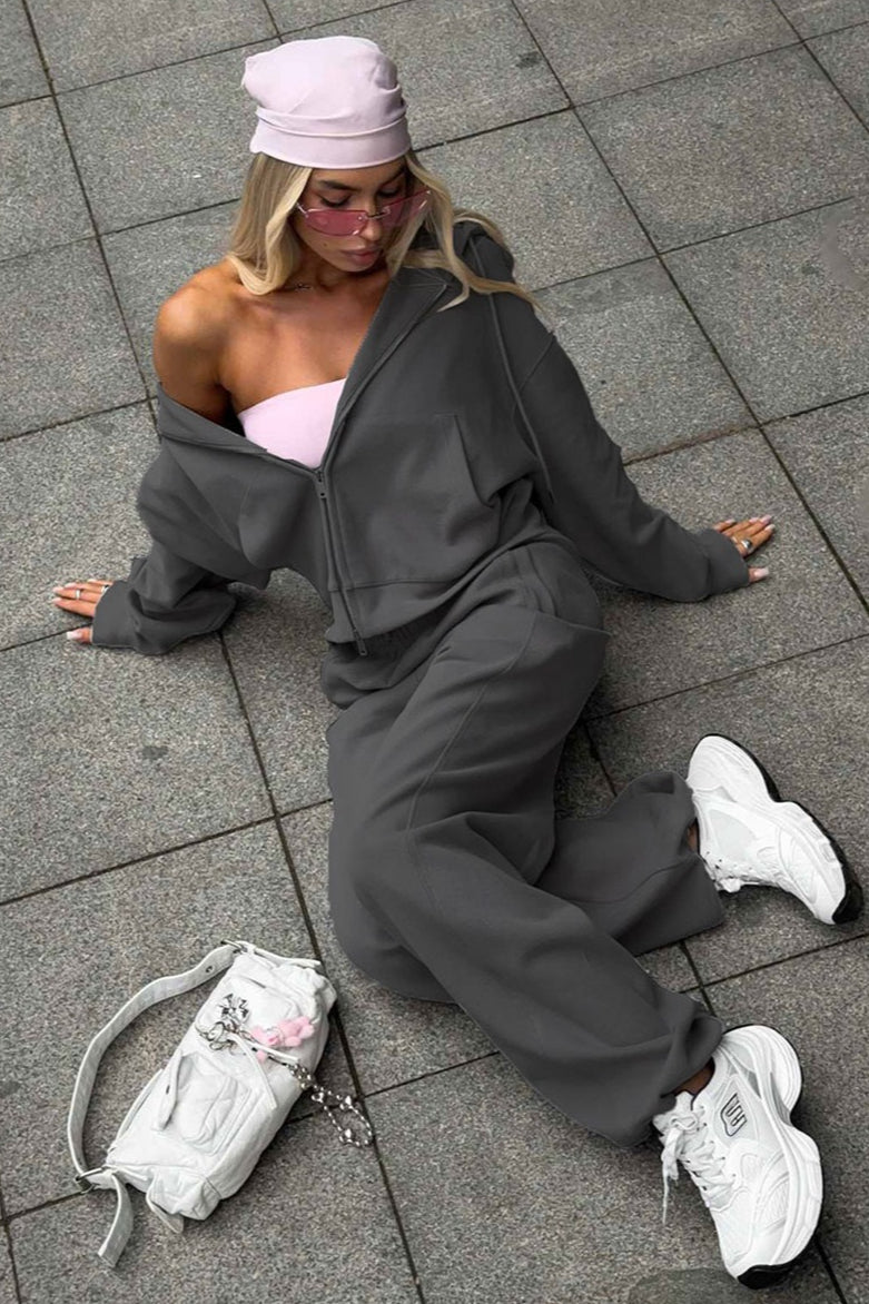 Zipper Hoodie Long Sleeve Wide Leg Pants Two Piece Set image 16