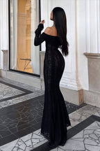 Off Shoulder Lace Flare Sleeve Fitted Train Elegant Maxi Dress image 14