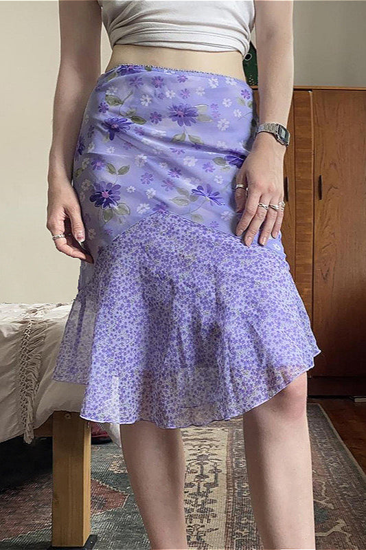 Floral Purple Patchwork Asymmetrical Tulle High Waist Skirt image 1