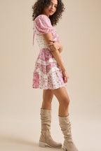 Floral Lace Patchwork V Neck Puff Short Sleeve Mini Dress image 3