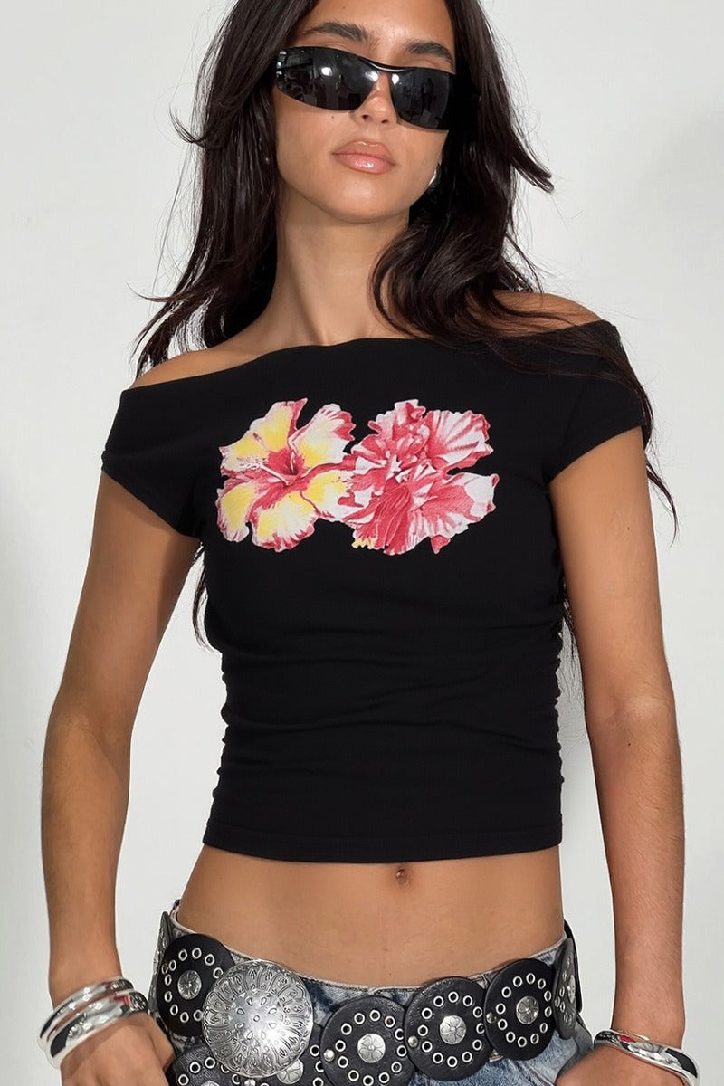 Chic Off Shoulder Floral Print Crop T-shirt image 1