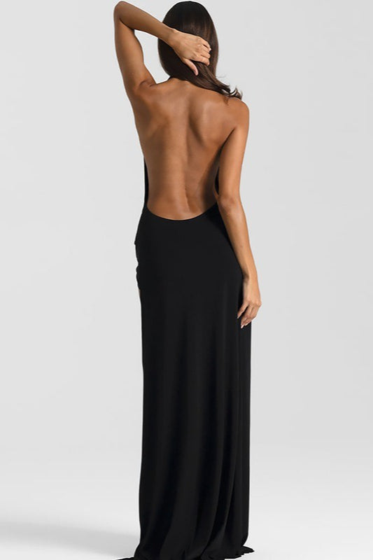 Solid Halter Deep V Backless Slit Floor Maxi Dress image 10