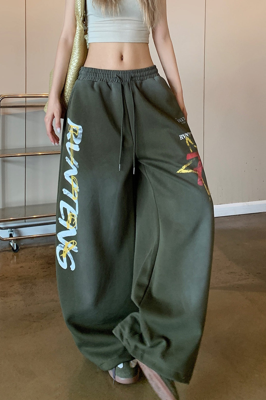 Retro High Waist Drawcord Graphic Sweat Pants image 5